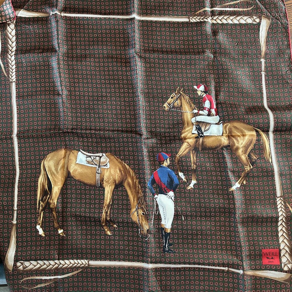 RARE  WEILL Paris Equestrian HORSE PRINT Silk Thick Scarf Vintage